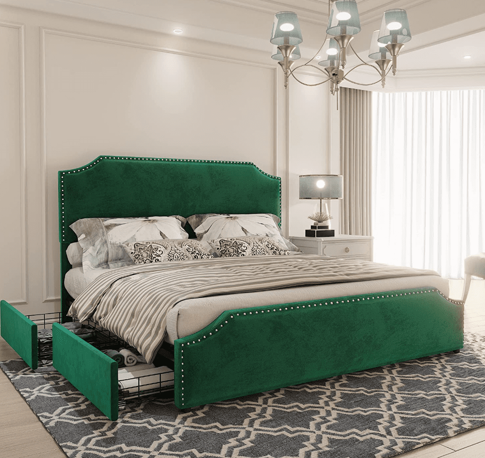 Amerlife 大号天鹅绒软垫平台床驾带抽屉