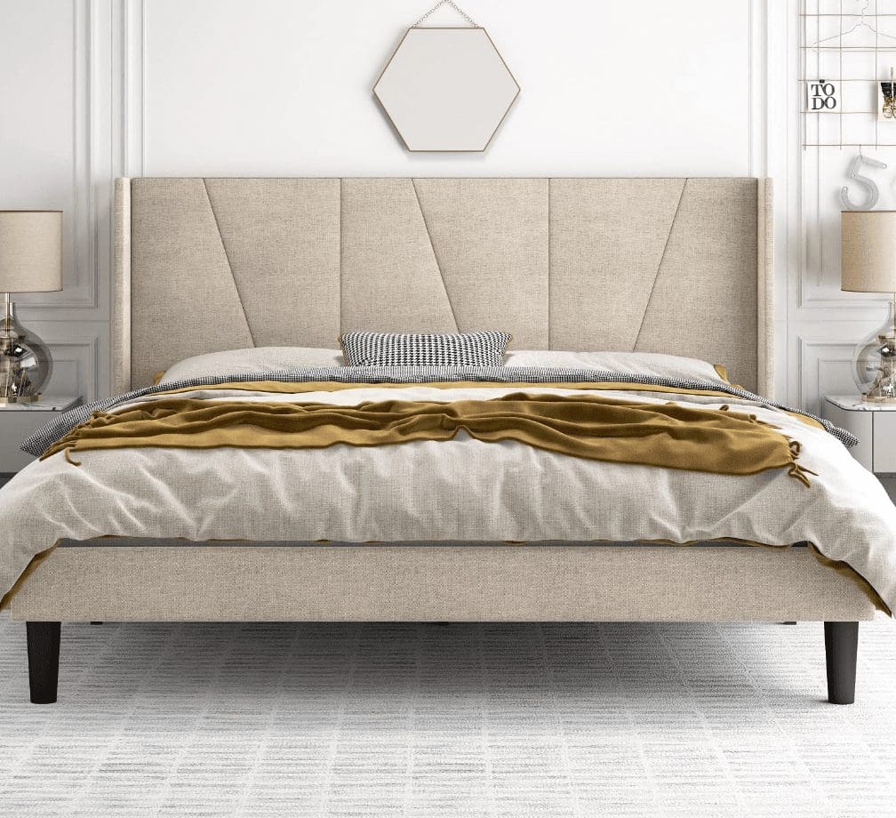 Hoomic王尺寸软垫平台床框架与现代几何翼背床头板