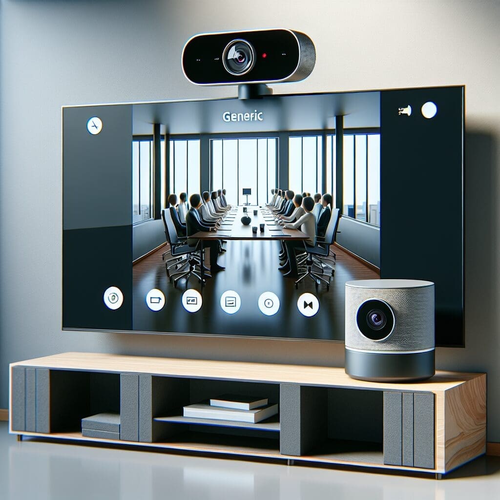 Logitech MeetUp 的场景插图。展示了该摄像头在一间小型，现代化的会议室中的使用情况。摄像头已安装在大屏幕电视的顶部，画面显示几名使用者正在进行视频会议。环境干净整洁，充满了高级感。整个场景充分展示了 Logitech MeetUp 如何在小空间里实现高效的视频通讯。