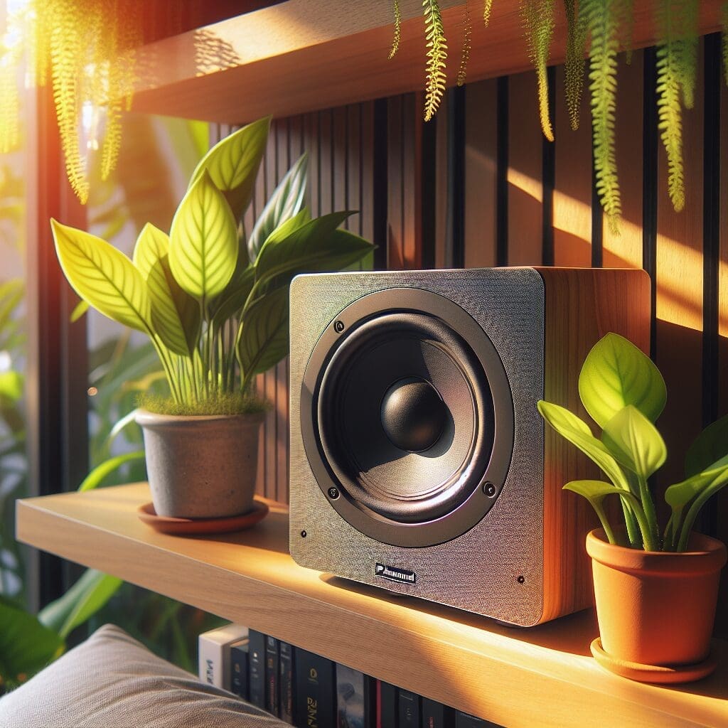 Paradigm Monitor SE Atom音箱静静地放在长满绿色的植物的壁架上，它的简洁设计和元素之间形成了完美的和谐。阳光透过窗户洒在音箱上，室外色彩缤纷的阳光与木质壁架在一起营造了一种温暖和舒适的家居环境。音乐从扬声器中溢出，让整个空间充满了和谐与温暖的氛围。