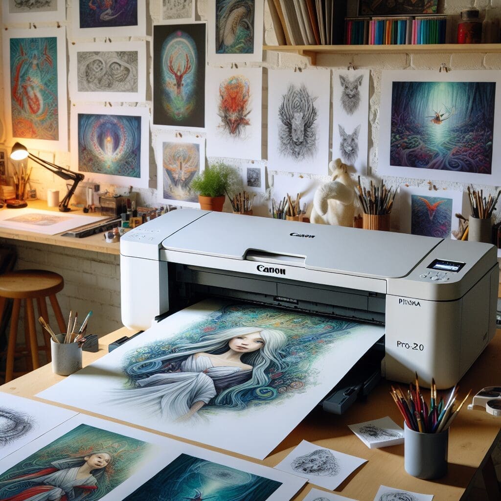 Canon PIXMA Pro-200 in an artist's studio, bringing artwork to life with its precise color reproduction and high-quality prints, allowing the artist to reproduce their creations in print form with stunning fidelity and detail