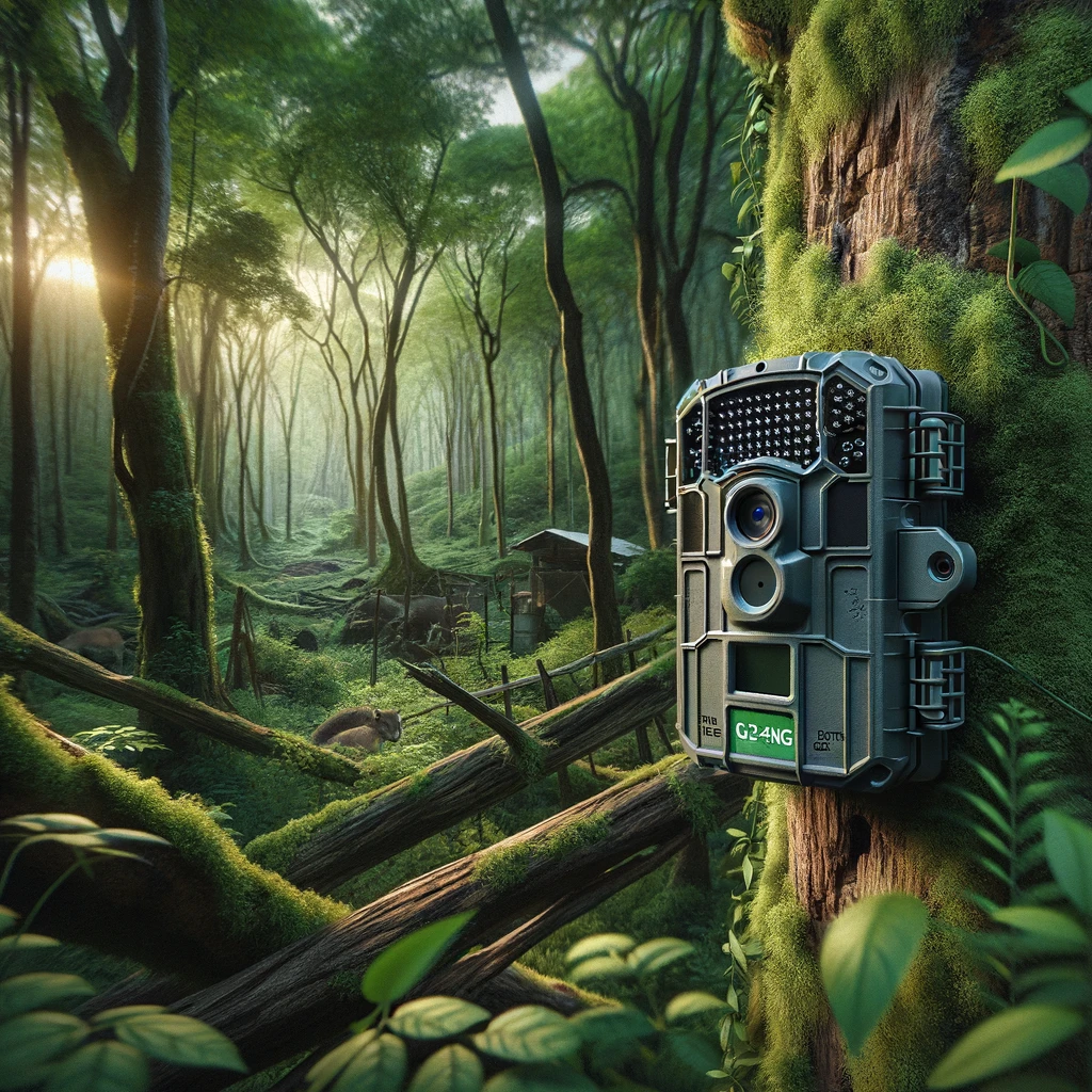 Create an image that captures the Stealth Cam G42NG trail camera in its natural environment, showcasing its rugged design and ability to blend seamlessly into the wilderness. The scene should depict the camera mounted on a tree, with the dense forest backdrop highlighting its use for wildlife observation and tracking. Emphasize the camera's discreet presence in the natural setting, illustrating its effectiveness for capturing high-quality images of wildlife without disturbance. The environment should be rich in detail, with a focus on the lush greenery and potential wildlife in the vicinity, demonstrating the camera's role in outdoor exploration and research.
