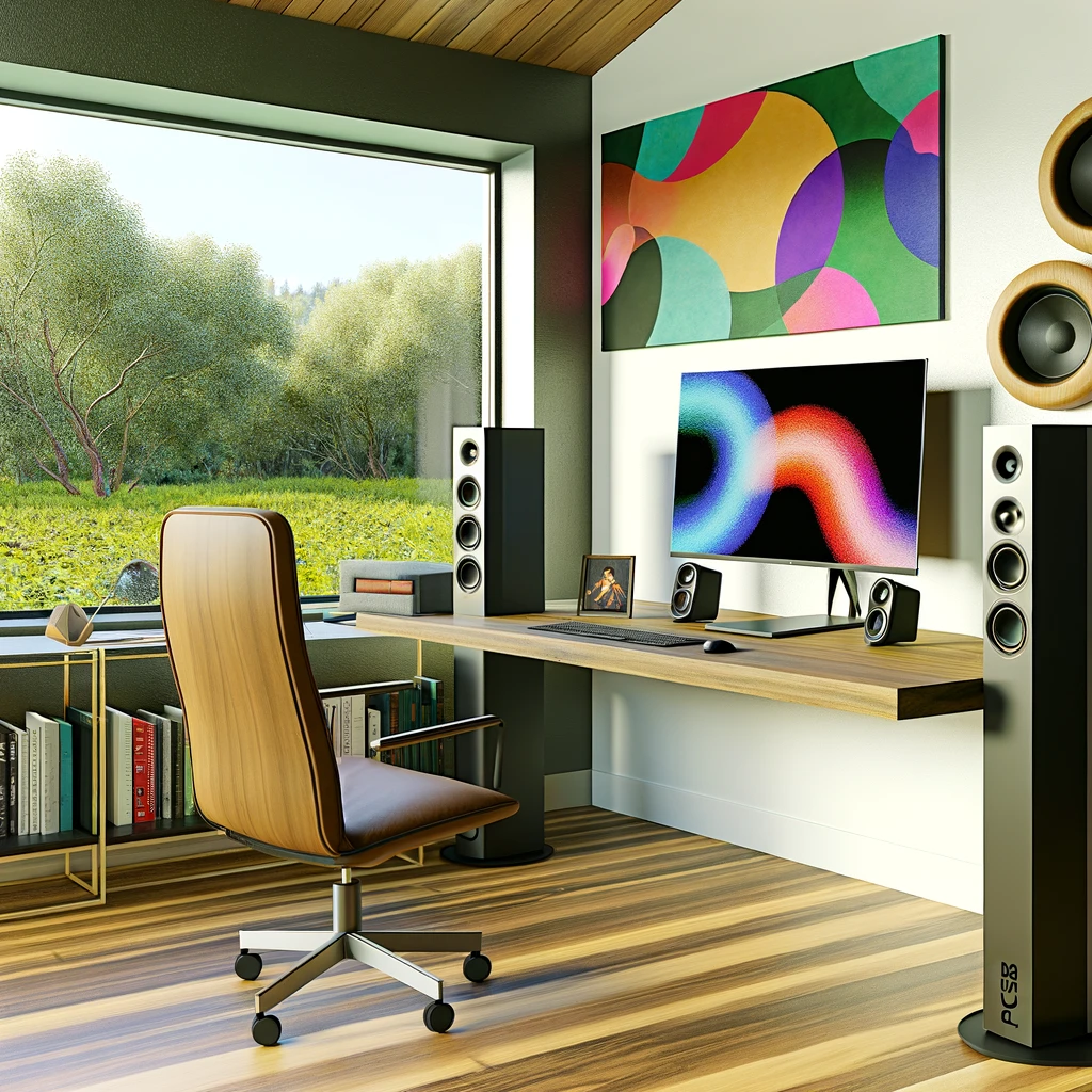 Design a cozy, modern home office featuring the PSB Alpha T20 tower speakers. The room has a large window with a view of a lush, green garden outside, providing ample natural light. The speakers are positioned on either side of a sleek, wooden desk that holds a high-resolution computer monitor, a stylish, minimalist keyboard, and a wireless mouse. There's a comfortable, ergonomic chair in front of the desk. The walls are adorned with abstract, colorful art pieces that add vibrancy to the room. A bookshelf filled with a variety of books and decorative objects is situated in one corner of the room. The flooring is a warm, light wood, complementing the overall color scheme of the room which blends natural wood tones with modern technology aesthetics. The atmosphere is inviting and perfect for both productive work and enjoying high-quality music.