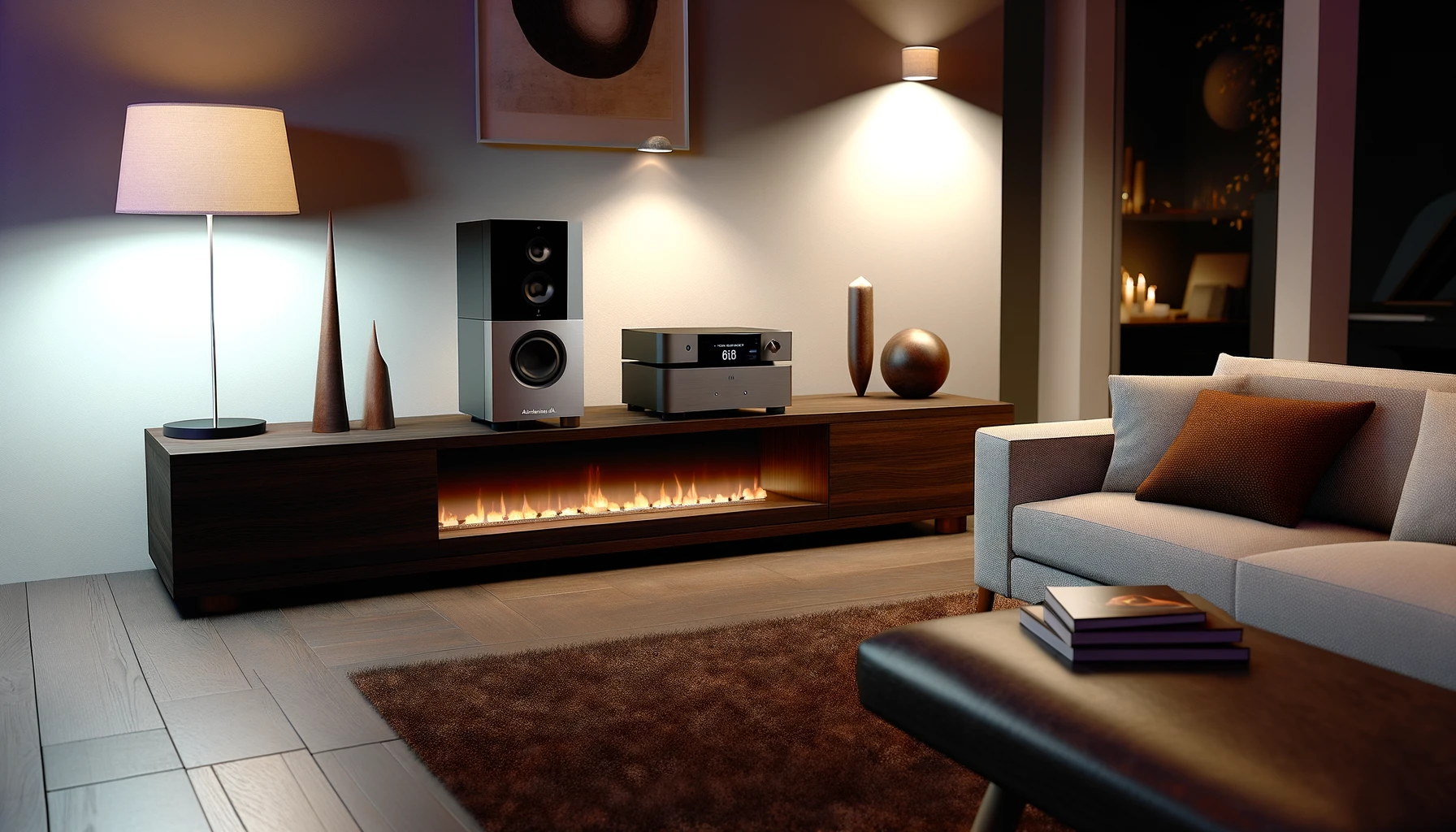 Create an image of a modern, cozy living room in the evening. The room is softly lit by a combination of warm ambient lighting and the glow from a sleek, minimalist fireplace. In the center of the room, there is a Cambridge Audio Minx Xi digital music system, its sleek, compact design blending seamlessly with the contemporary decor. The system is placed on a dark wood console table, which also holds a few carefully chosen decorative items, such as a small plant and a couple of hardcover books. A comfortable, stylish sofa faces the music system, inviting relaxation and enjoyment of high-quality sound. The walls are adorned with abstract art, adding a touch of sophistication. The overall atmosphere is one of comfort, style, and the joy of music.