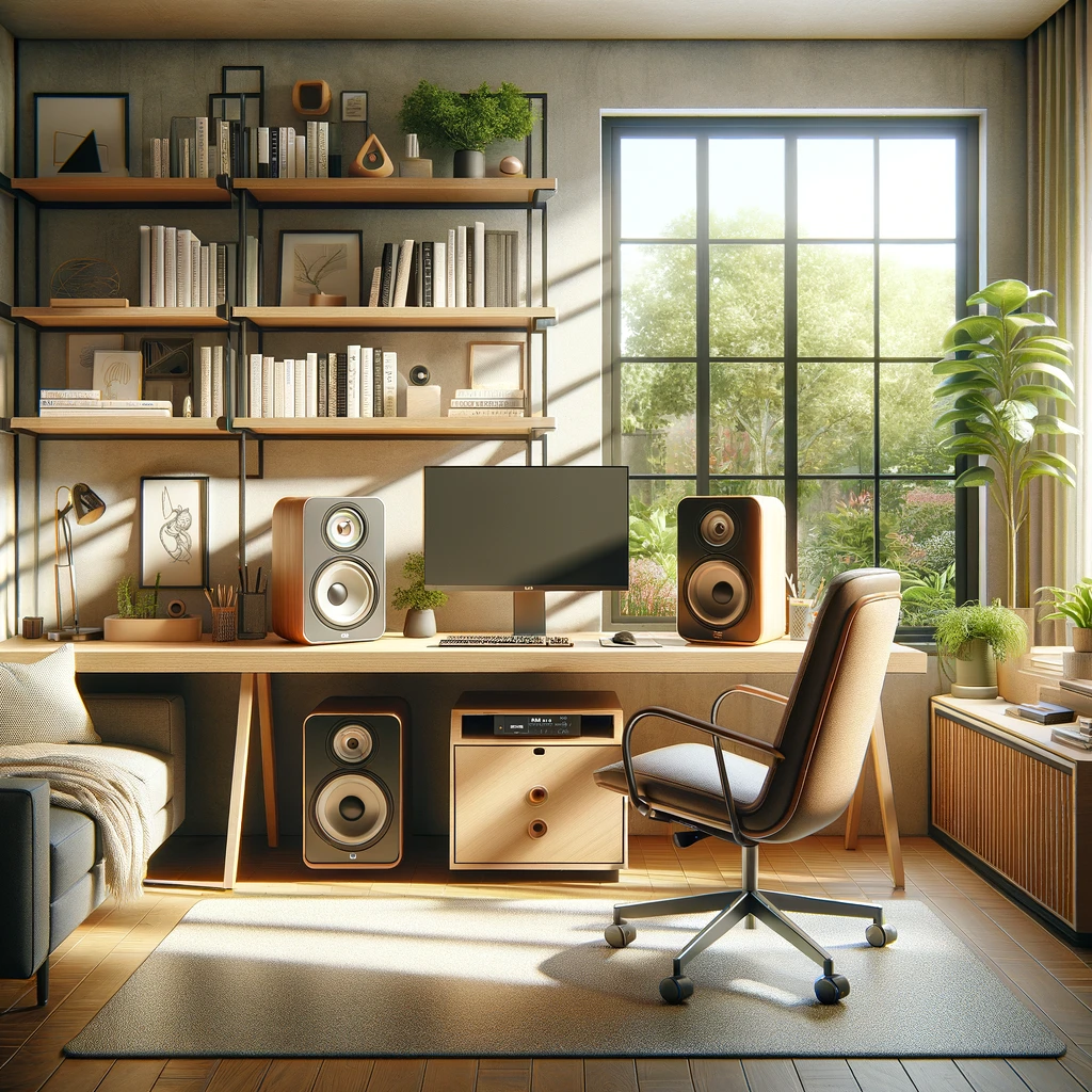 Design a cozy and stylish home office scene featuring the Elac Debut 2.0 B5.2 bookshelf speakers. The scene includes a modern wooden desk positioned near a large window with a view of a lush garden outside, highlighting the natural light that bathes the room. On the desk, there's a high-resolution computer monitor, a sleek keyboard, and a mouse, with the Elac speakers on either side, creating a symmetrical and inviting workspace. The walls are adorned with shelves filled with books and a few decorative items, adding a personal touch to the space. A comfortable, adjustable office chair is placed in front of the desk. The room's decor is minimalistic with a touch of warmth, featuring neutral colors, a small indoor plant on the desk for a pop of green, and a soft, light-colored rug on the floor. The atmosphere suggests a blend of productivity and comfort, ideal for creative work or enjoying music while working.