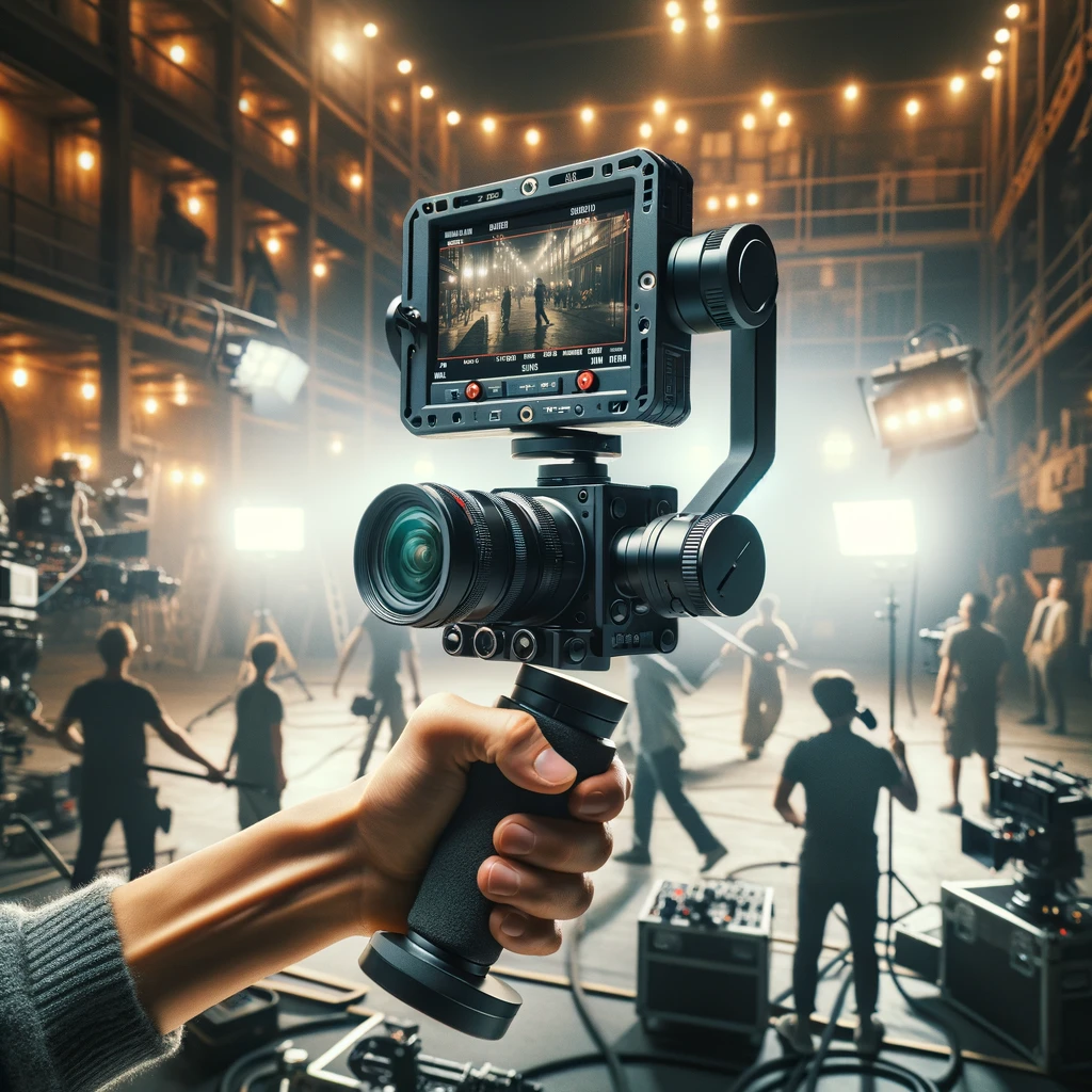 Create an image that features the Z CAM E2-M4 4K cinema camera in a professional film production setting. Visualize the camera mounted on a stabilizing gimbal, with a filmmaker using it to capture a dynamic scene on a bustling movie set. The background should include lighting equipment, crew members in action, and a detailed set that suggests a high level of production value. The focus is on the Z CAM E2-M4, highlighting its compact size, versatility, and the high-quality image it can produce, making it a key tool for filmmakers looking to capture cinematic moments with precision and clarity.