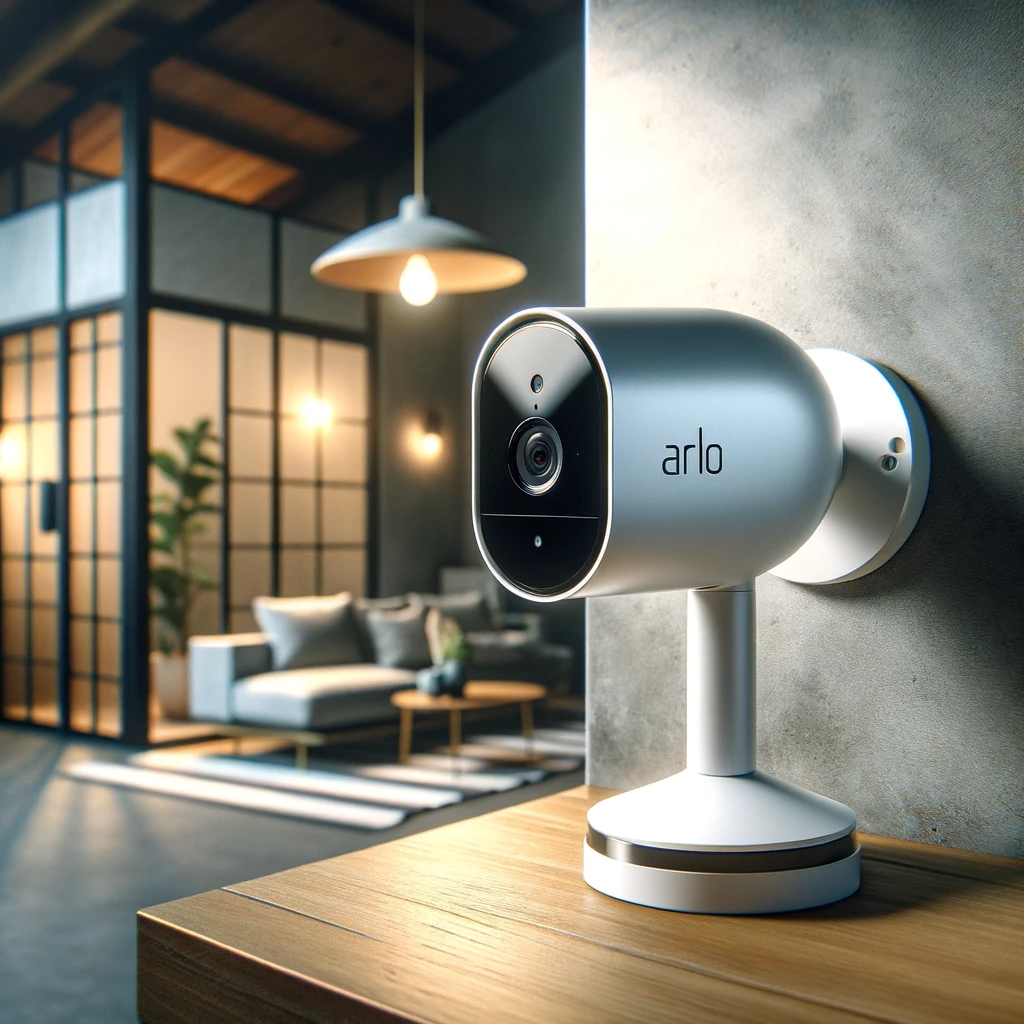 Create an image depicting the Arlo Ultra 2 Wireless Security Camera in a modern home environment, focusing on its sleek design and advanced technology. The camera should be positioned in a strategic location, such as mounted on a wall or overlooking the entrance of a house, showcasing its role in providing high-definition surveillance and security. The setting should reflect a sense of safety and innovation, with the camera discreetly integrated into the home's exterior or interior design, emphasizing its wireless nature and the ease of monitoring one's home from anywhere. The scene could also subtly include smart home elements, like automated lighting or a smart door lock, to convey the camera's compatibility with a connected home ecosystem.