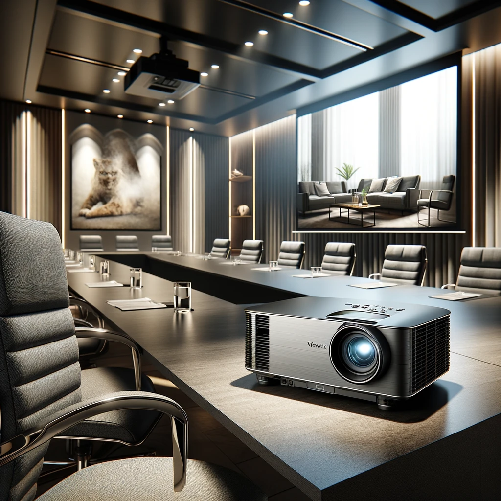 A professional meeting room setting with a large screen displaying a high-definition image. In the foreground, a ViewSonic PG800W projector is placed on a sleek, modern conference table. The room is well-lit, with natural light coming through large windows, and furnished with stylish, comfortable chairs arranged for an audience. The walls are adorned with minimalist art, and there's a subtle, high-tech ambiance to the space. The projector is the focus, showcasing its sleek design and advanced technology.