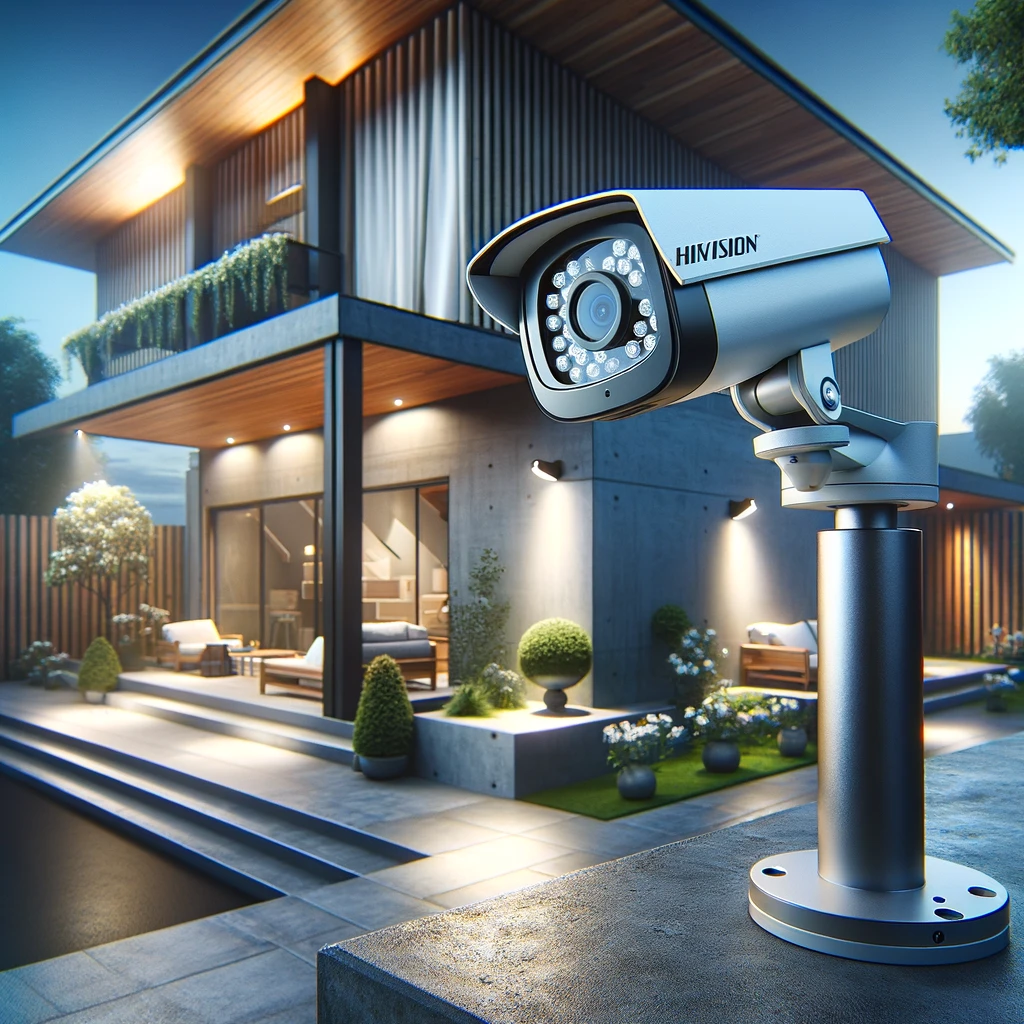 Visualize a modern, secure home environment featuring the Hikvision DS-2CD2085FWD-I security camera. The scene should depict the camera installed on the exterior of a contemporary house, focusing on its sleek design and strategic placement for optimal coverage. Highlight the camera's role in enhancing home security by capturing clear, high-definition footage of the surroundings. Include elements that suggest the camera's advanced technology, such as night vision capability and motion detection alerts, with a visual representation of the camera actively monitoring the area. The setting should convey a sense of safety, vigilance, and technological sophistication, emphasizing the camera's effectiveness in providing peace of mind to homeowners.