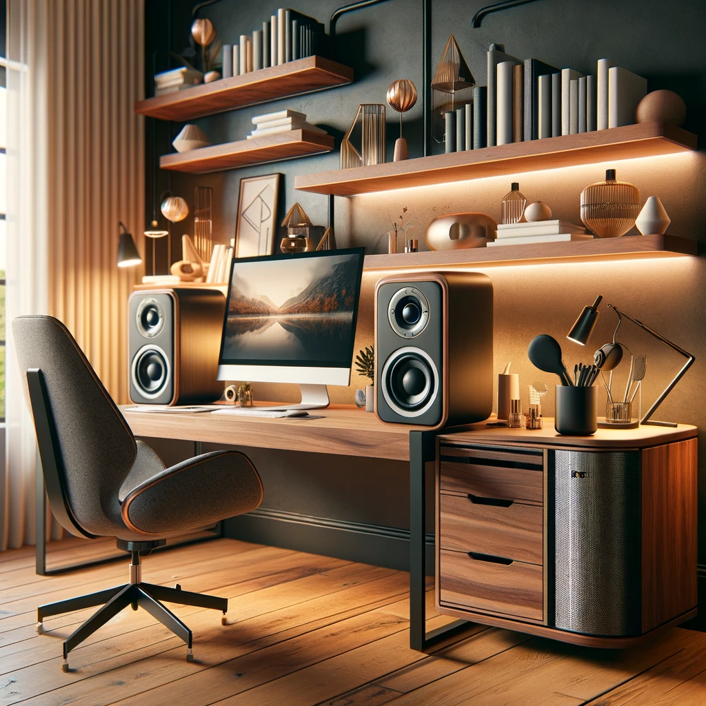 Create a warm and inviting home office scene featuring the Triangle Borea BR03 bookshelf speakers. The office is designed with a modern aesthetic, including a large, wooden desk that has a sleek, contemporary design. On the desk, there's a high-resolution computer monitor, surrounded by minimalistic accessories, and the Triangle Borea BR03 speakers are prominently displayed on either side of the monitor, perfectly complementing the modern setup. The room has soft, ambient lighting that highlights the rich wood textures and the speakers' sophisticated design. A comfortable, stylish office chair is positioned at the desk, and the room is adorned with bookshelves filled with a mix of books, decorative objects, and plants, adding a personal touch and a sense of warmth to the space. The overall atmosphere of the room is focused and cozy, creating an ideal environment for work and music enjoyment.