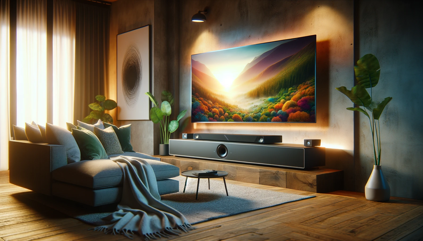 Imagine a modern, cozy living room during the evening, bathed in warm, soft lighting. In the center of the room, there's a sleek, black Sennheiser Ambeo Soundbar placed neatly on a minimalist wooden TV stand. The soundbar faces a large, wall-mounted 4K television that's displaying a vibrant nature documentary, creating an immersive audio-visual experience. A plush, grey sectional sofa is positioned in front of the TV, with a couple of decorative pillows and a cozy throw blanket casually draped over one corner. The walls are adorned with abstract art, and a small, lush indoor plant sits in one corner of the room, adding a touch of greenery. The scene captures the essence of modern living with a focus on high-quality audio and comfort.
