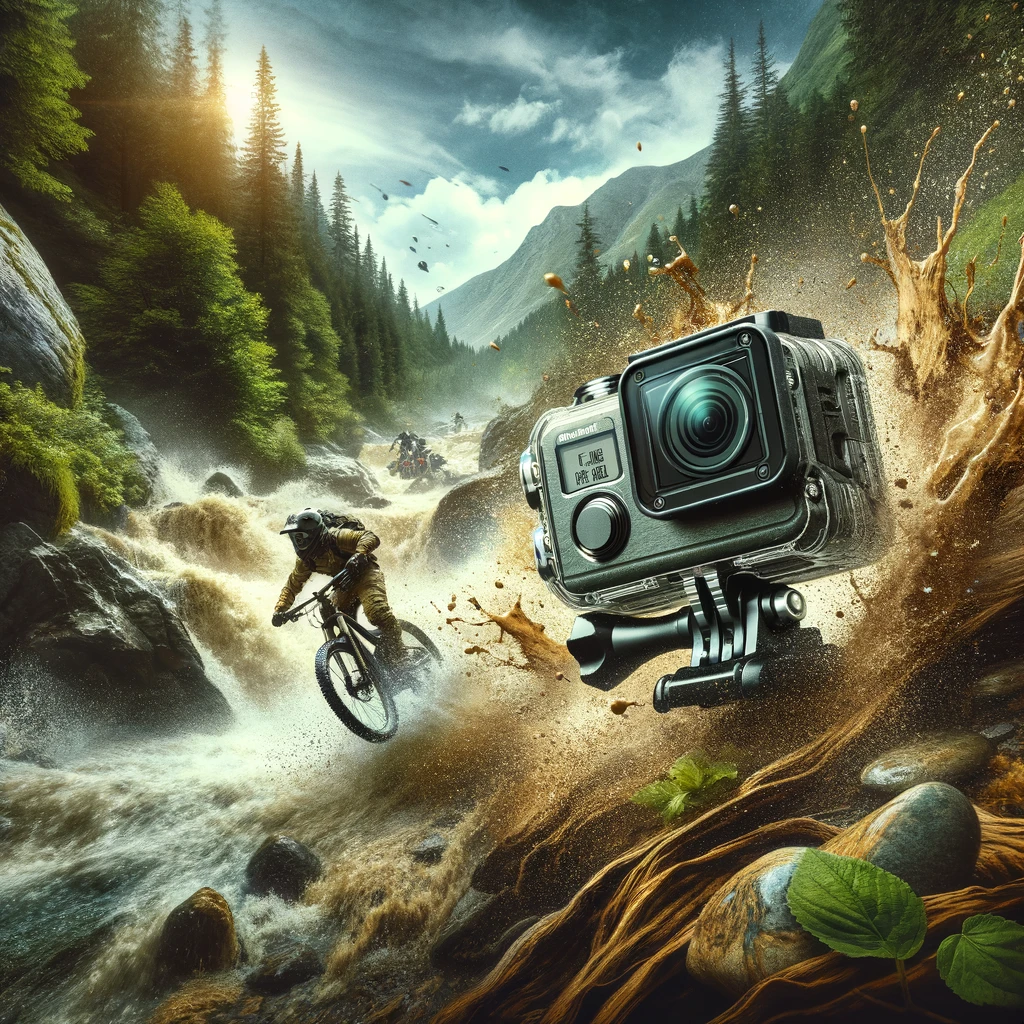 Create an image that captures the rugged, adventurous spirit of the Olympus Tough TG-Tracker action camera in its natural habitat. Visualize a dynamic outdoor scene, perhaps on a mountain trail or beside a rushing river, with the camera mounted on a helmet or a bike, ready to record the thrill of the adventure. The scene should highlight the camera's durability and capability to capture high-quality images and videos in extreme conditions. Include elements like rocky terrains, water splashes, or a dense forest to showcase the camera's ability to withstand and perform in tough environments, embodying the essence of exploration and adventure.