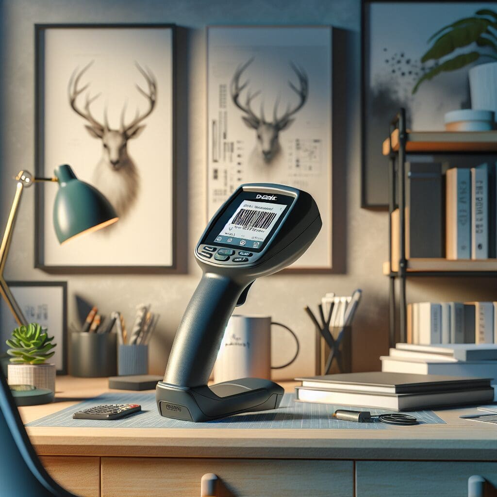 Datalogic PowerScan PD9530 barcode scanner in a serene and artistic workspace setting