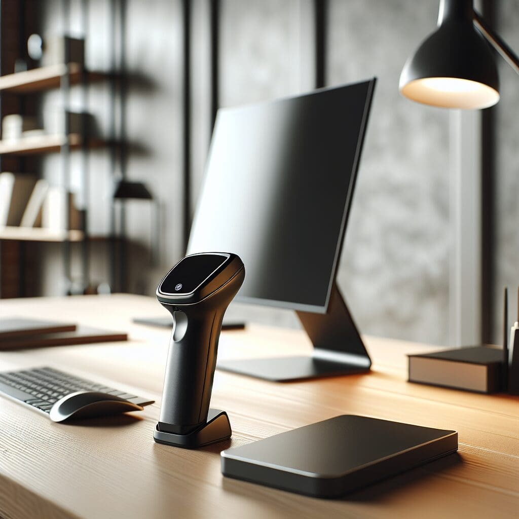 Motorola DS6878 wireless barcode scanner in a sleek, modern and visually appealing workspace setting