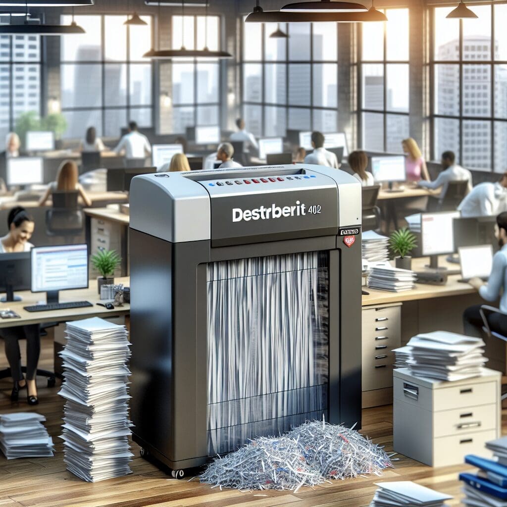Destroyit 4002 Cross Cut Level 3 Shredder in a busy office environment