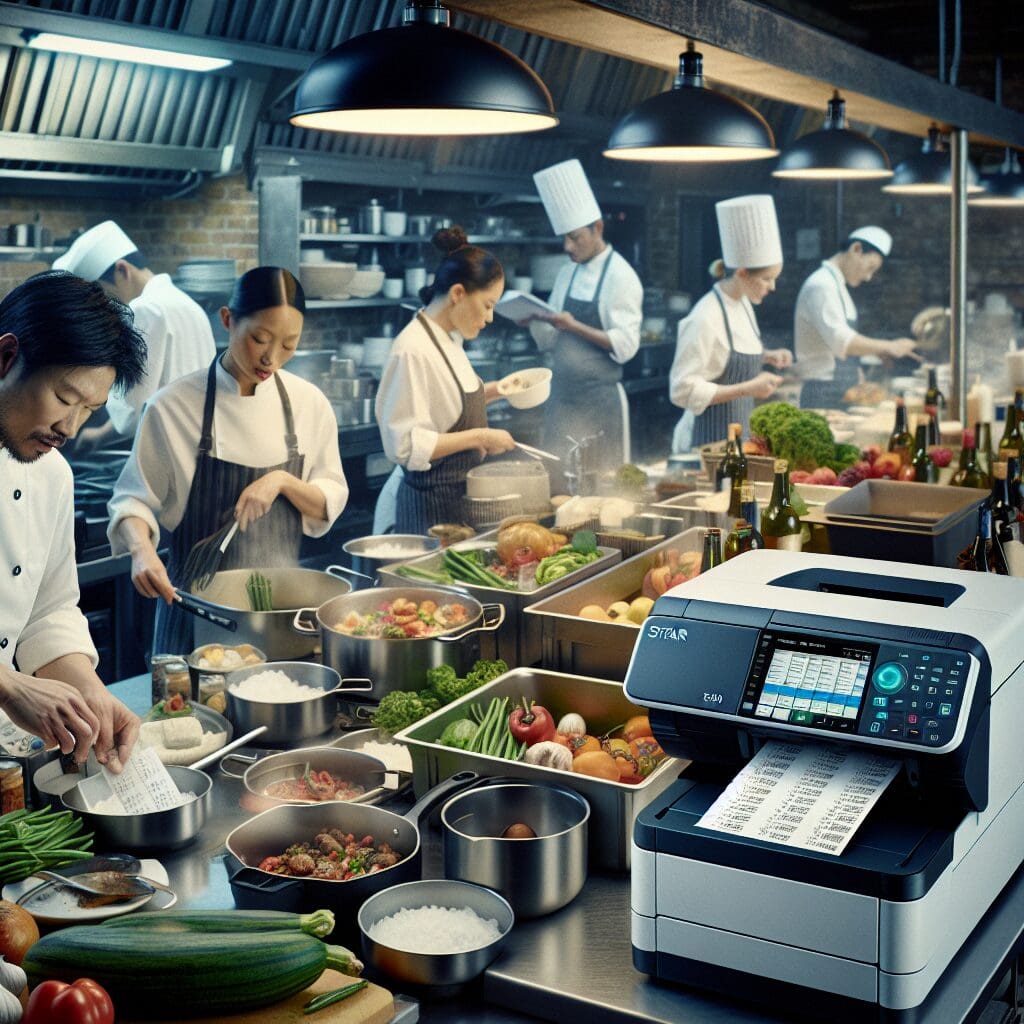 一台Star Micronics SP700打印机坐落在一家热闹的餐厅厨房中。厨师们正在繁忙地准备美食，打印机则在旁边快速地打印着订单。厨师们依靠它，指示他们接下来需要准备的菜肴。周围是锅碗瓢盆和新鲜的食材，充满了烹饪的热情和活力。打印机的工作声混杂在刀剁菜的声音和沸腾的锅声中，成为厨房协奏曲的一部分，构建出一幅充满生活气息的厨房画面。