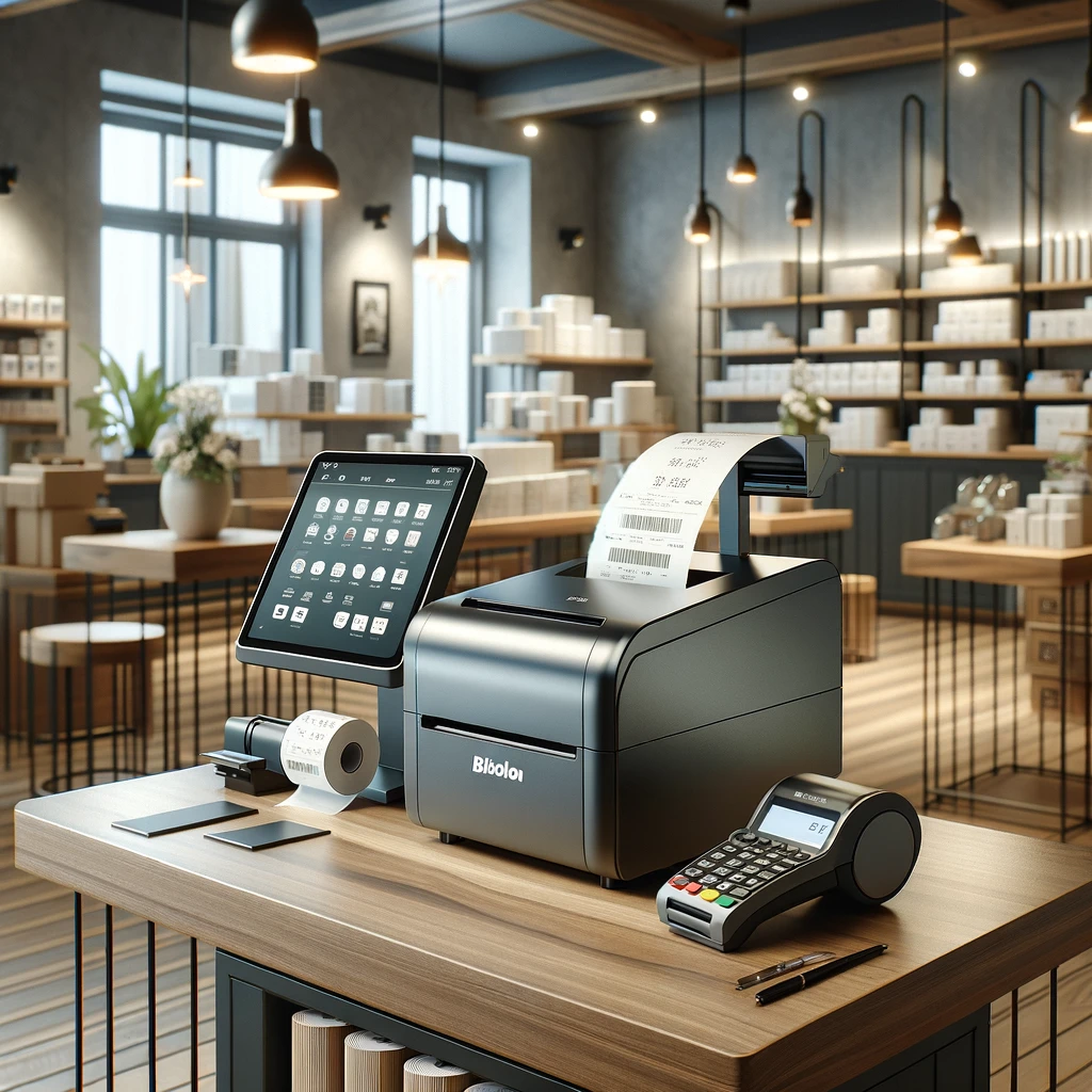 A sleek, modern retail environment showcasing the Bixolon SRP-Q300, a compact thermal receipt printer. The scene includes a stylish cashier counter made of polished wood, with the printer prominently placed next to a high-end point of sale system. The environment is well-lit, giving a welcoming atmosphere to the space. Accessories such as paper rolls for the printer, a barcode scanner, and a digital payment terminal are neatly arranged around the workspace, enhancing the professional setup. The background features a blurred view of shelves stocked with a variety of products, adding to the realism of a busy retail setting.