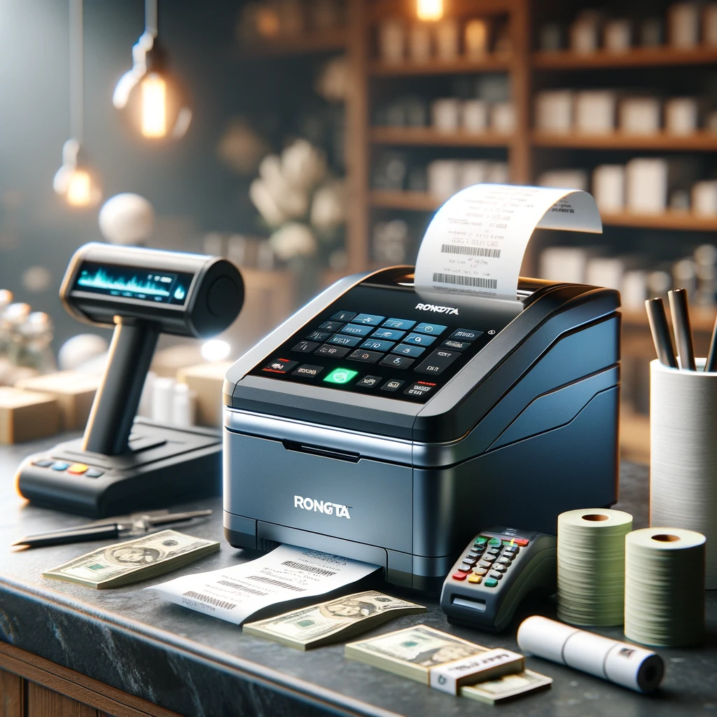 A Rongta RP58E Thermal Receipt Printer sits on a shop's checkout counter, surrounded by a barcode scanner, a stack of cash, and freshly printed receipts. The scene captures the essence of a busy retail environment, with the focus on the sleek and compact design of the printer. It's placed near a modern cash register, highlighting its role in facilitating quick and efficient customer transactions. The background is intentionally blurred to draw attention to the printer and the items around it, showcasing a professional checkout experience.