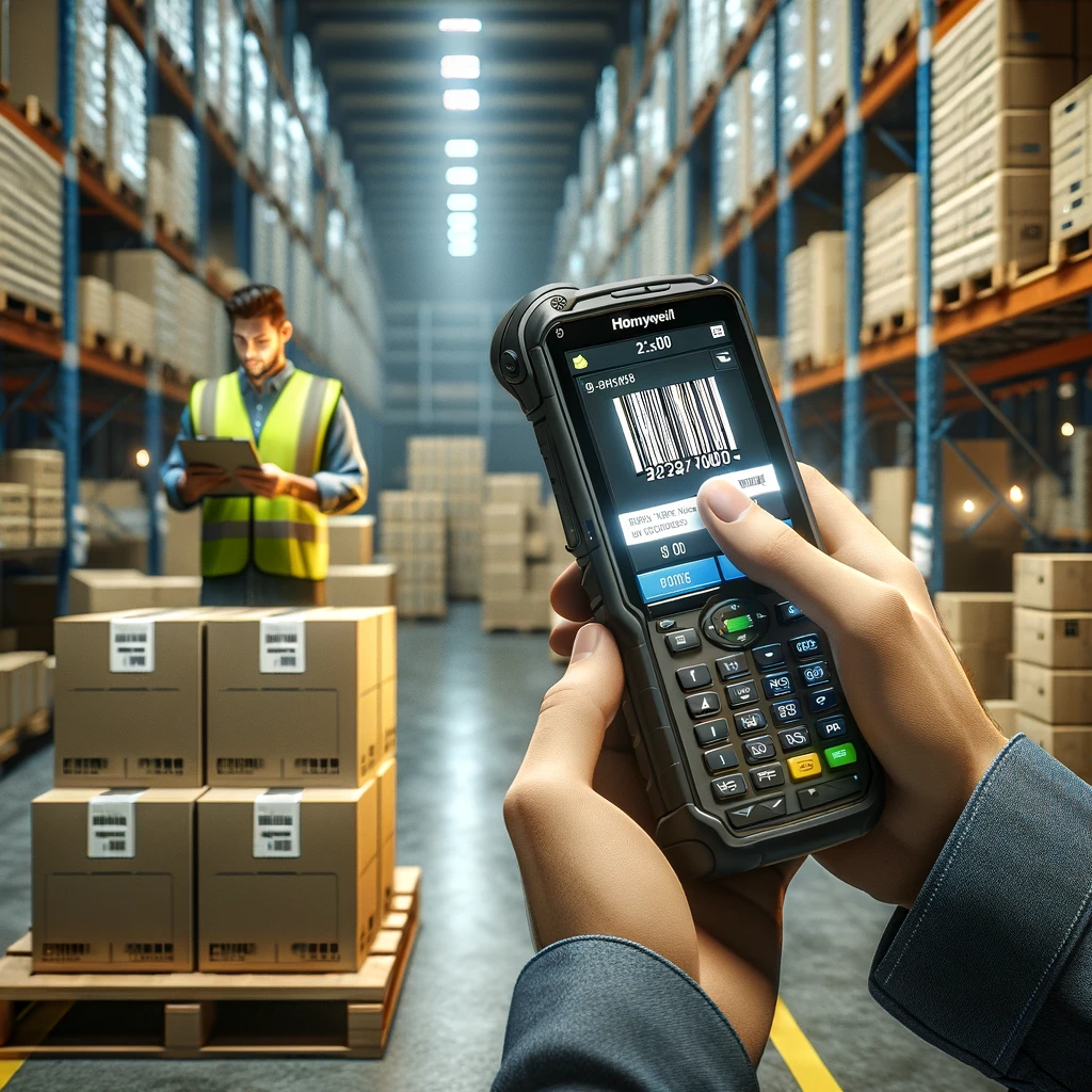 A professional, high-resolution image depicting a Honeywell Dolphin 6500 handheld computer in a modern warehouse environment. The scene shows a worker in a safety vest scanning barcodes on boxes stacked on a pallet. The warehouse is well-lit, with shelves filled with various goods in the background. The focus is on the Honeywell Dolphin 6500, showcasing its compact design and the screen displaying a successful scan. The worker is using the device efficiently, highlighting its ease of use and productivity benefits in a logistical setting.