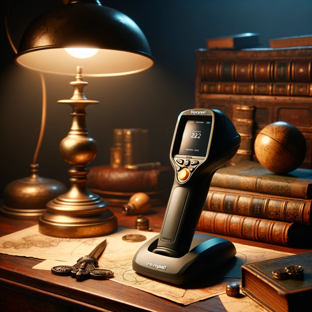 A Honeywell Voyager 1602g barcode scanner resting elegantly on an antique wooden desk, illuminated by the soft, warm glow of a vintage desk lamp. The room is dimly lit, enhancing the ambience and focusing attention on the scanner. Surrounding the scanner are scattered, ancient-looking maps and a few old, leather-bound books, suggesting a theme of exploration and discovery. The scene conveys a blend of modern technology with the charm of bygone eras, creating a thought-provoking contrast.