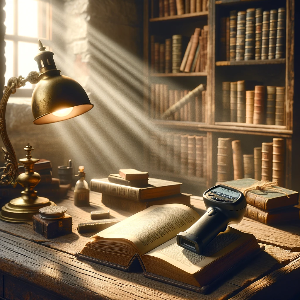 A serene and picturesque scene featuring the Motorola LS1203 barcode scanner. Imagine a rustic wooden desk in an old library, bathed in the soft, golden light of the early morning sun filtering through a nearby window. The scanner lies beside an open, ancient book, its pages filled with elegant, handwritten notes. A vintage, brass desk lamp to one side illuminates the scene, adding to the warmth and inviting atmosphere. Around the desk, shelves filled with old books add depth and context, suggesting a place of learning and discovery.
