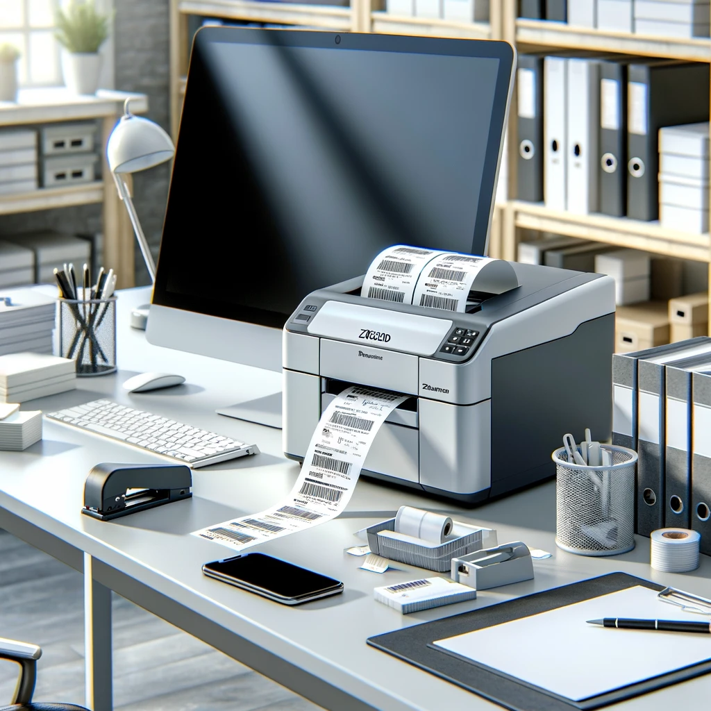 A modern office environment featuring a Zebra ZD620d Direct Thermal Printer on a clean, well-organized desk. The printer is medium-sized, predominantly white with black accents, and is positioned next to a computer monitor. Papers with barcodes and labels are visible coming out of the printer. Office supplies like a stapler, notepads, and a cup of pens are neatly arranged on the desk. The background shows a window with daylight coming through, illuminating the workspace.