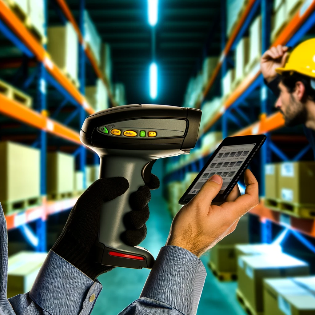 A professional, high-resolution image showcasing the Datalogic PowerScan PBT9300 barcode scanner in a dynamic warehouse environment. The scanner is being used by a worker wearing safety gear, such as a helmet and gloves. The background features shelves stacked with various boxes and goods, indicating a bustling and organized warehouse. The image should highlight the ergonomic design and the rugged nature of the scanner, with a clear focus on the scanner's ability to seamlessly capture data in a busy setting. The lighting should be bright and clear, emphasizing the efficiency and reliability of the device in an industrial context.