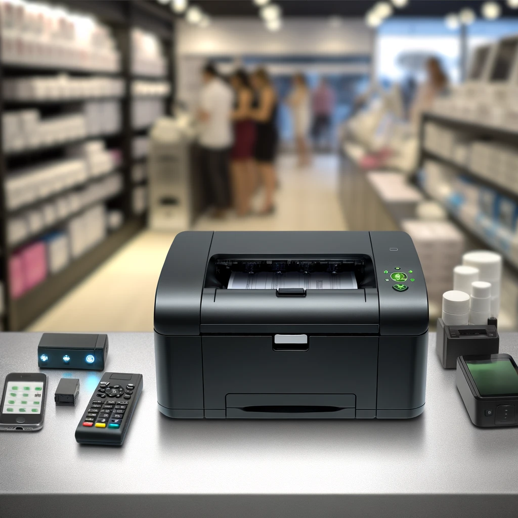 A sleek, modern front-exit printer, the Citizen CT-E351, is positioned prominently on a well-organized retail counter. The scene showcases the printer in a bustling retail environment, with soft lighting highlighting its compact design and smooth, black finish. Nearby, an array of small electronic devices and accessories complement the printer, suggesting a high-tech, efficient point of sale setup. The background is filled with the subtle activity of customers and staff, blurred to focus attention on the printer and its immediate surroundings. The image conveys a sense of modernity, efficiency, and technological integration in a retail setting.