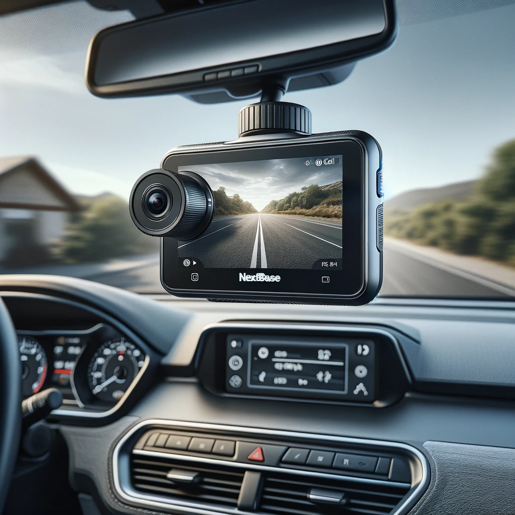 A modern, sleek dashboard camera, the Nextbase 522GW, is prominently displayed inside a car, mounted on the windshield with a clear view of the road ahead. The camera's screen shows a crisp, high-definition recording of the road, capturing the essence of a journey. Inside the car, the interior is detailed, with the dashboard and rearview mirror visible, emphasizing the compact and unobtrusive design of the camera. The setting is during the day, with natural light illuminating the car's interior and highlighting the Nextbase 522GW's features.