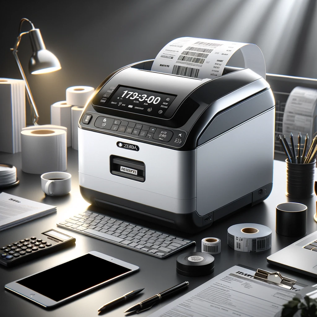 A professional, sleek product scene featuring the Zebra ZD500 label printer. The scene is set in a modern office environment, showing the printer on a clean, well-organized desk. Around it are scattered various office supplies, such as paper stacks, a laptop, and a coffee cup, all neatly arranged to complement the printer's design. The lighting is bright and highlights the printer's features and the reflective surfaces around it, creating a dynamic and engaging composition. The image should convey a sense of productivity and high technology, embodying the printer's efficiency and reliability in a workplace setting.